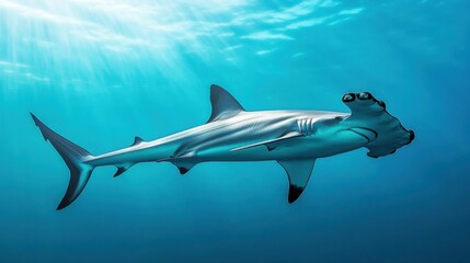 Obraz premium A hammerhead shark gliding silently through the water, its wide head and slender body moving with precision.