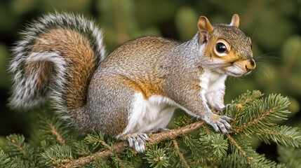 Obraz premium close up of squirrel perched on evergreen branch, showcasing its fluffy tail and curious expression. This charming creature adds lively touch to natural setting