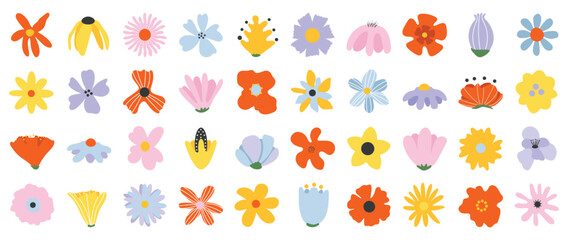 Obraz premium Collection of spring colorful flower elements vector. Set floral of wildflower, daisy, sunflower on white background. Hand drawn blossom illustration for decor, easter, sticker, clipart, print.