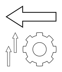 Large left-pointing arrow, gear symbol, and two upward arrows. Ideal for direction, process, progress, strategy, workflow growth or teamwork. Minimal flat simple metaphor
