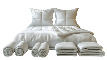Comfort and Elegance: Clean, modern bed, featuring soft bedding and folded towels creating a sense of serenity, perfect for themes about home, rest and relaxation.