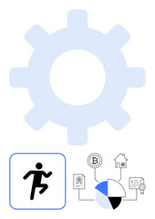 Large gear behind running figure and a diagram showing finance, property, and data elements. Ideal for workflow, strategy, progress, investment, productivity systems planning. Flat simple metaphor
