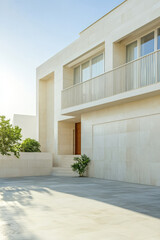 Modern architectural design of a minimalist house with lush greenery in bright daylight