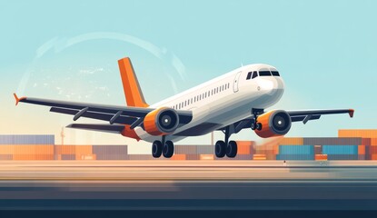 Naklejka premium A cartoon airplane is taking off from the airport 