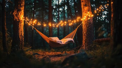 cozy hammock strung between two evergreen trees creates serene atmosphere, illuminated by warm fairy lights. This tranquil setting invites relaxation and peace in nature