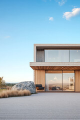 Modern wooden house with large glass windows set against a clear blue sky in a scenic location
