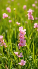 Fototapeta premium delicate pink meadow pea blooms in a green grassy field, flower, sunlight