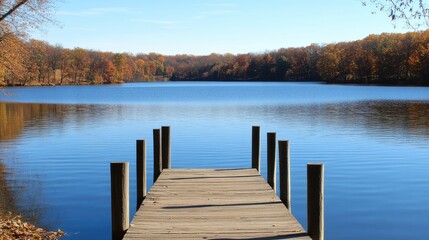 Obraz premium A rustic wooden pier extending into a peaceful lake, surrounded by autumn foliage, capturing the beauty of nature tourism.