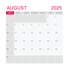 Classic monthly calendar for august 2025. week starts on sunday. simple august 2025 calendar template. monthly planner design in box