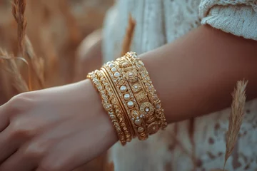 Photo sur Plexiglas Woman wearing golden bracelets with pearls in a wheat field