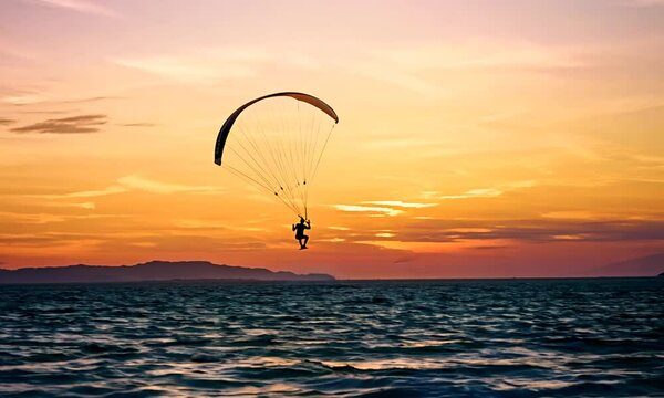 Beautiful sunset in the sea. Kiter is training to control the kite. 4K