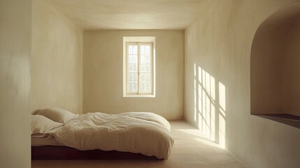Bright minimalist bedroom, soft natural light, neutral colors on bedding and walls, uncluttered furniture promoting serenity, doorway perspective wide view.  