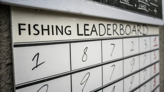 Close-up of fishing leaderboard scoreboard with handwritten numbers, tracking competition rankings and angler performance, outdoor event coordination and contest excitement