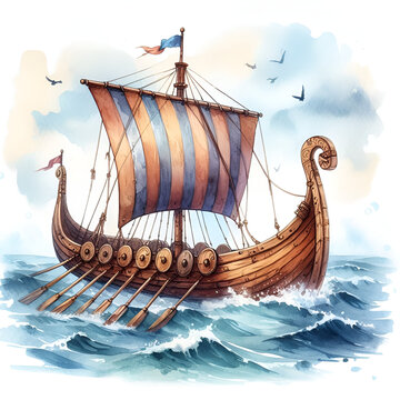 Watercolor drawing of a Viking ship. Illustration of a drakar. A wooden ship. The ship is afloat