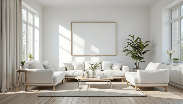 Bright Living Room Interior with Blank Frame and White Furniture