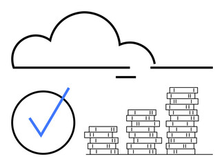 Cloud hovering over coin stacks with a checkmark indicating reliability, successful data storage, or financial growth. Ideal for cloud storage, financial security, investment, technology, innovation