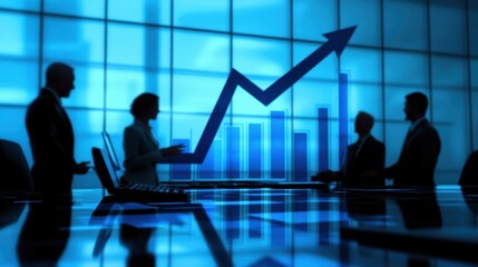 A modern office meeting with a group of executives discussing a projected business growth chart with an upward arrow.