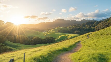 Fototapeta premium A serene sunrise over rolling green hills with a winding path leading into the distance, symbolizing endless travel possibilities.