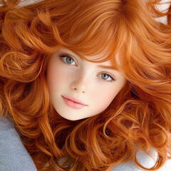 Naklejka premium A stunning portrait showcases a young woman with vibrant, curly red hair and captivating light-green eyes; her flawless complexion and delicate features create a breathtakingly
