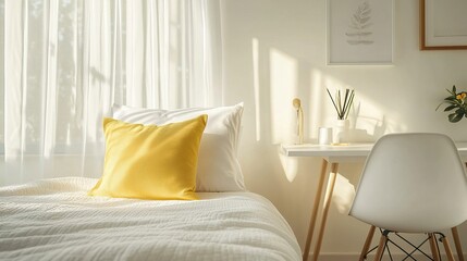 Fototapeta premium Cheerful bedroom, soft yellow pillow on bed, sleek white desk paired with a white chair, simple decor and sunlight creating a cozy and inviting vibe, wide-angle front shot. 