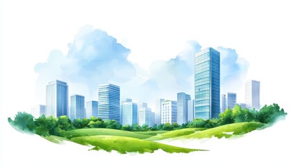 Fototapeta premium A vibrant city skyline with modern buildings surrounded by lush green fields and a bright blue sky, illustrating harmony between urban and natural environments.