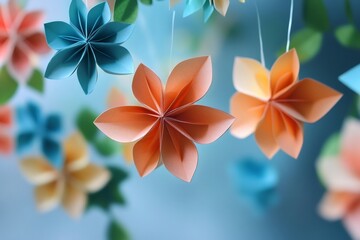 Naklejka premium Colorful origami flowers hanging on a string, creating a beautiful decoration