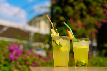 Refreshing beverages placed on outdoor table in sunny summer café surrounded by plants evoke feelings of leisure and tropical escape