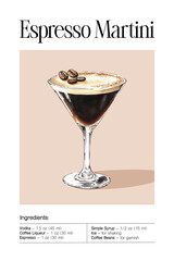 Espresso Martini cocktail with foam and coffee bean garnish. Watercolor illustration of vodka, coffee liqueur and espresso drink. Design for poster, print, greeting card, invitation.