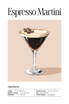 Espresso Martini cocktail with foam and coffee bean garnish. Watercolor illustration of vodka, coffee liqueur and espresso drink. Design for poster, print, greeting card, invitation.