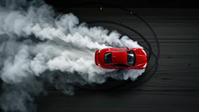 Dynamic red sports car drift with dramatic smoke trail on asphalt from aerial view