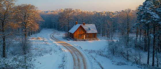 Idyllic winter landscape with a wooden cabin nestled in a snow covered forest