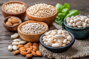 Fototapeta premium Various legumes and almonds displayed in wooden bowls on rustic table