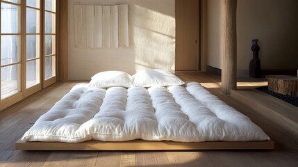 Contemporary bedroom, low bed with plush white bedding, minimalist decor, natural light flooding the space, calm and tranquil design, wide-angle doorway shot.  