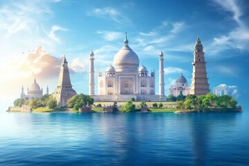 Obraz premium World famous landmarks reflecting on calm water at sunrise