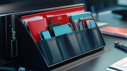 A desk organizer filled with notebooks, cards, and stationery for office use.