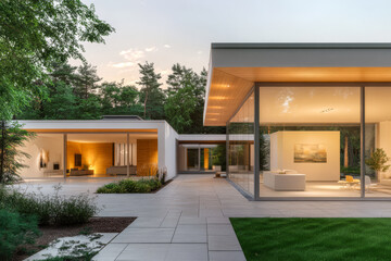 Modern house design with glass walls in serene forest setting at sunset