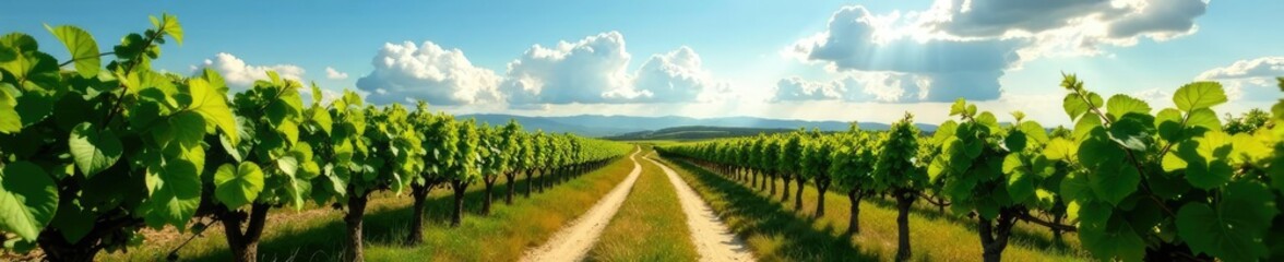 Obraz premium Strada serpentina tra le vigne infiore sott'oltro sole, cielo azzurro, campagna