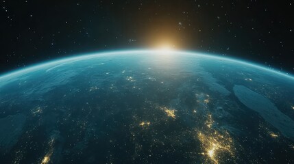 Obraz premium A view of Earth from space with a sunrise illuminating the horizon.