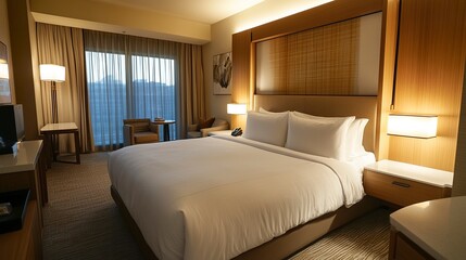 Contemporary minimalist hotel room, white bedding, warm wood accents, soft neutral lighting, uncluttered and calming design, corner perspective wide shot. 
