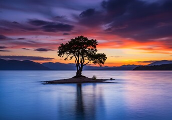 Solitary Tree Sunset Serene Lake Vibrant Colors. AI Generated