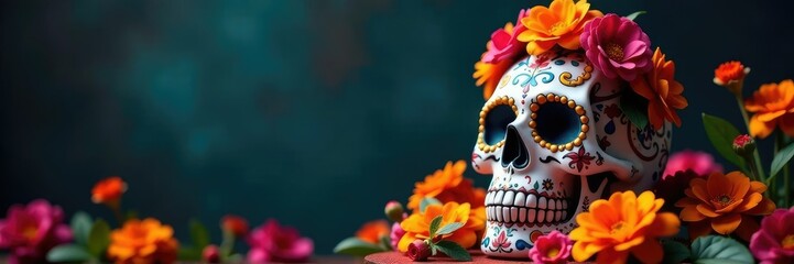Sugar skull on a pedestal with marigold flowers, celebratory, colorful, sugar skulls