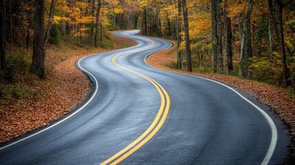 Fototapeta premium A winding scenic road through a vibrant autumn forest, representing road trips and seasonal tourism.