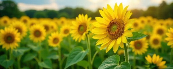 Obraz premium Sunflower fields with tall stems and bright yellow blooms, landscape, garden