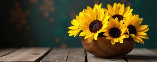 Obraz premium Sunflowers in a wooden bowl on a rustic table, rustic, arrangement, flowers