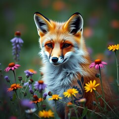 Fototapeta premium Fox surrounded by wildflowers tattoo