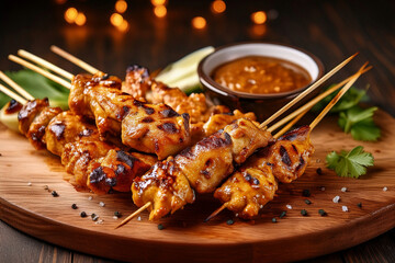 Juicy grilled chicken satay skewers, perfectly charred and caramelized, close-up on a wooden serving board. The grilled meat is juicy and flavorful