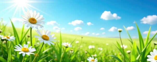 Sunny daisies in a field with a clear blue sky, green, flowers