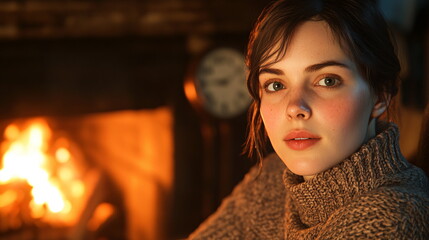 Cozy Evening by the Fireplace: Woman Enjoying Warmth in Knitted Sweater Indoors