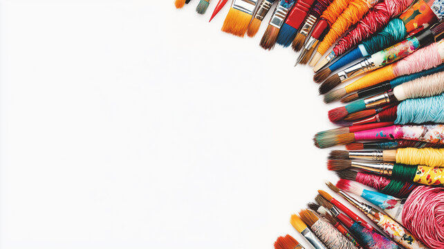 Corner borders filled with craft supplies like paintbrushes, yarn, fabric swatches, and handmade items to celebrate National Craft Month