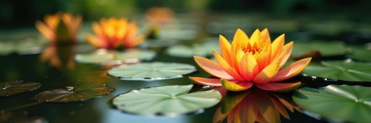 Water lily pond with bright orange and yellow flowers on surface, pond, serene, autumn